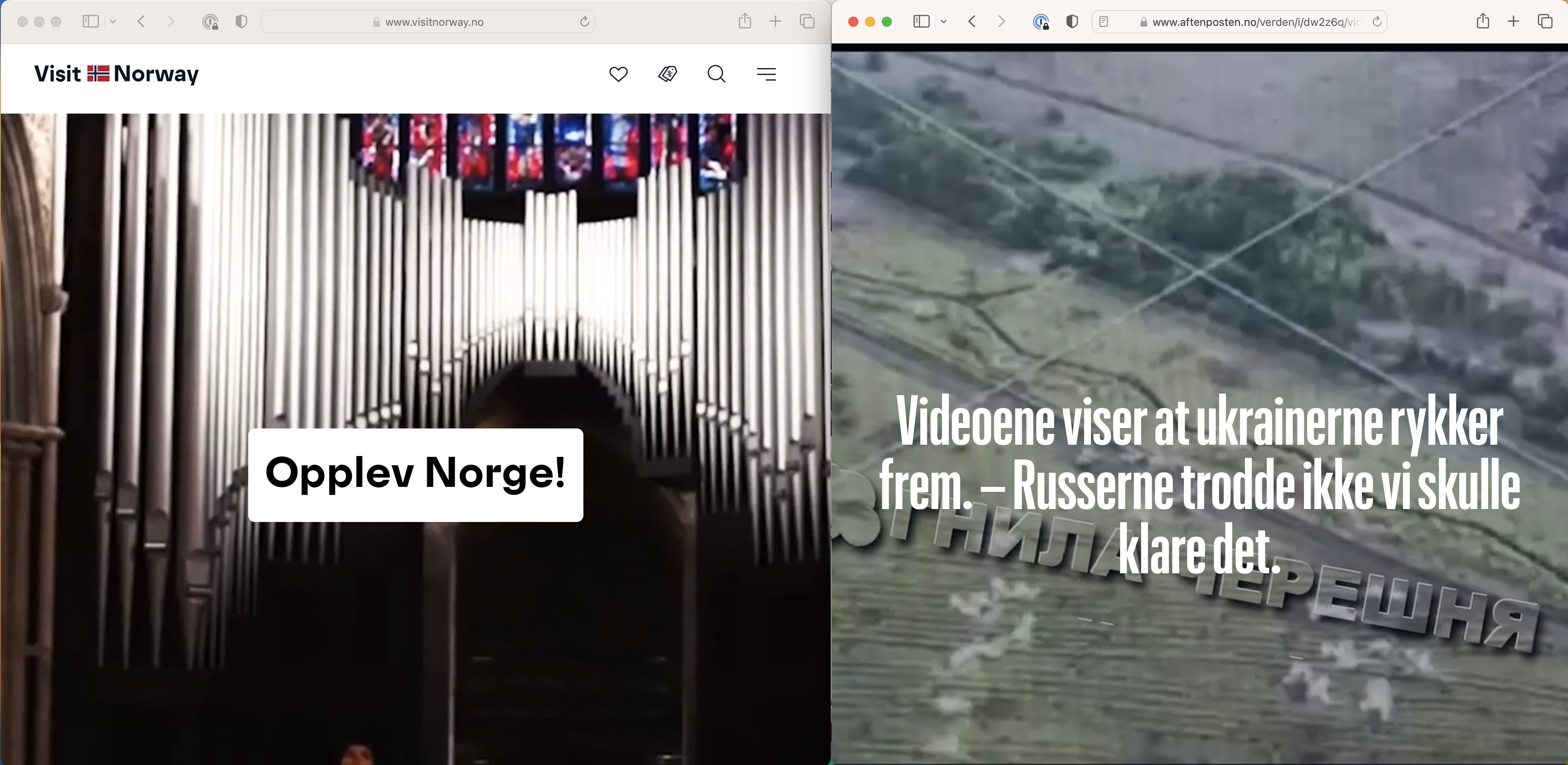 Video backgrounds gives a feeling of how it is norwegian on visit norway and the war in donbas, Ukraine on aftenposten